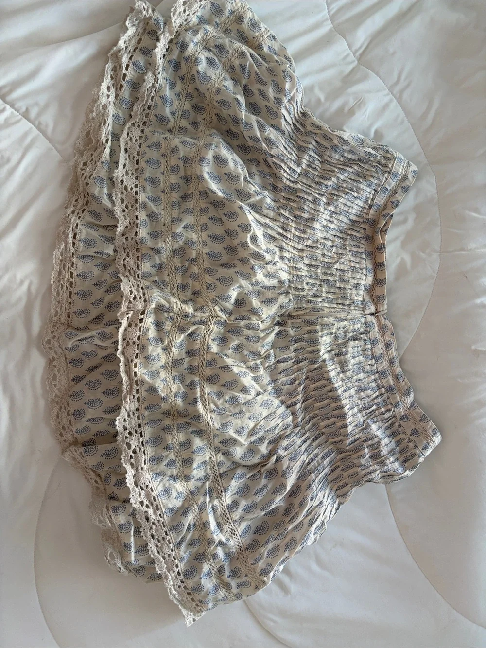 Free People Cream and Blue Paisley Lace-Trim Mini Skirt